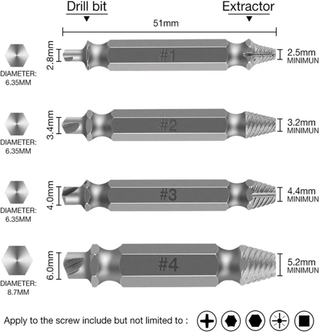 INF 6-teiliges Schraubenausdreher-Set mit Doppelköpfen [0 -4 ] - Silberner Kohlenstoffstahl-Bolzenentferner