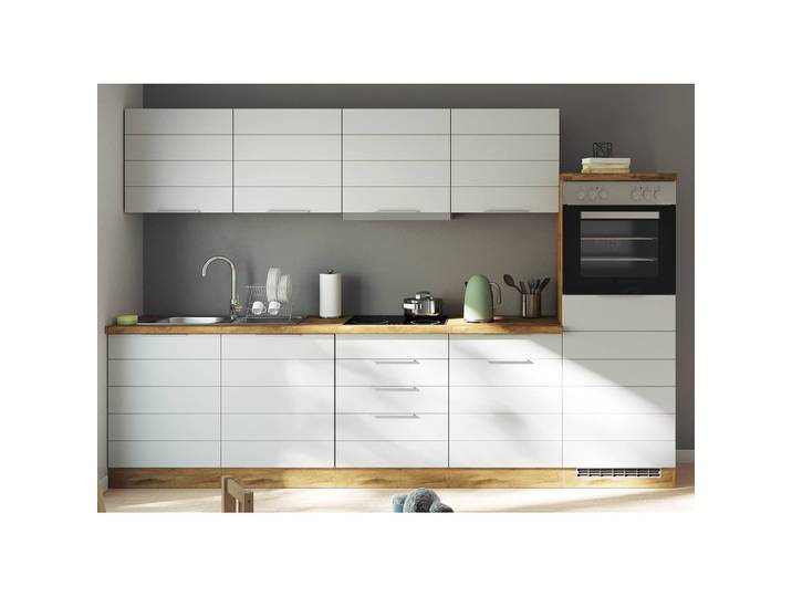 Küchenzeile Florenz III 300cm Weiß/Matt Weiß Induktion mit Elektrogeräten