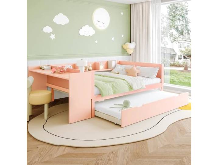 Bellemave Flachbett 140x200,ausziehbarem Bett,Schreibtisch & Regalen,Rosa Kiefernmassivholz, Lattenrost inklusive, Schlafplatz-Schreibtisch-Stauraum, mit ausziehbarem Zusatzbett, für Kinderzimmer