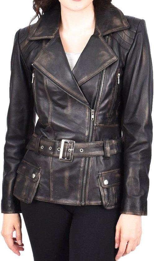 Damen Lederjacke im Biker-Stil - tailliert mit Reißverschluss und Gürtel - Hüftlänge