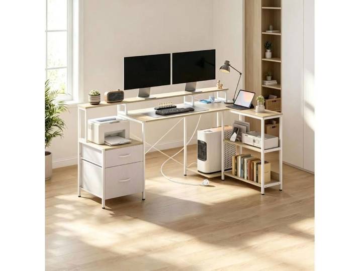 MEULVA Bureau informatique d'angle 172 x 100 cm avec LED prises support écran et 2 tiroirs