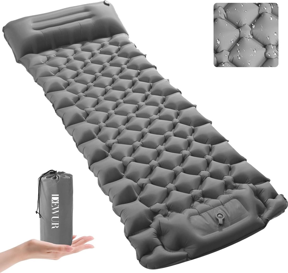 IDEAVUR Zelfopblaasbare Campingmat met Kussen en Voetpomp, Grijs