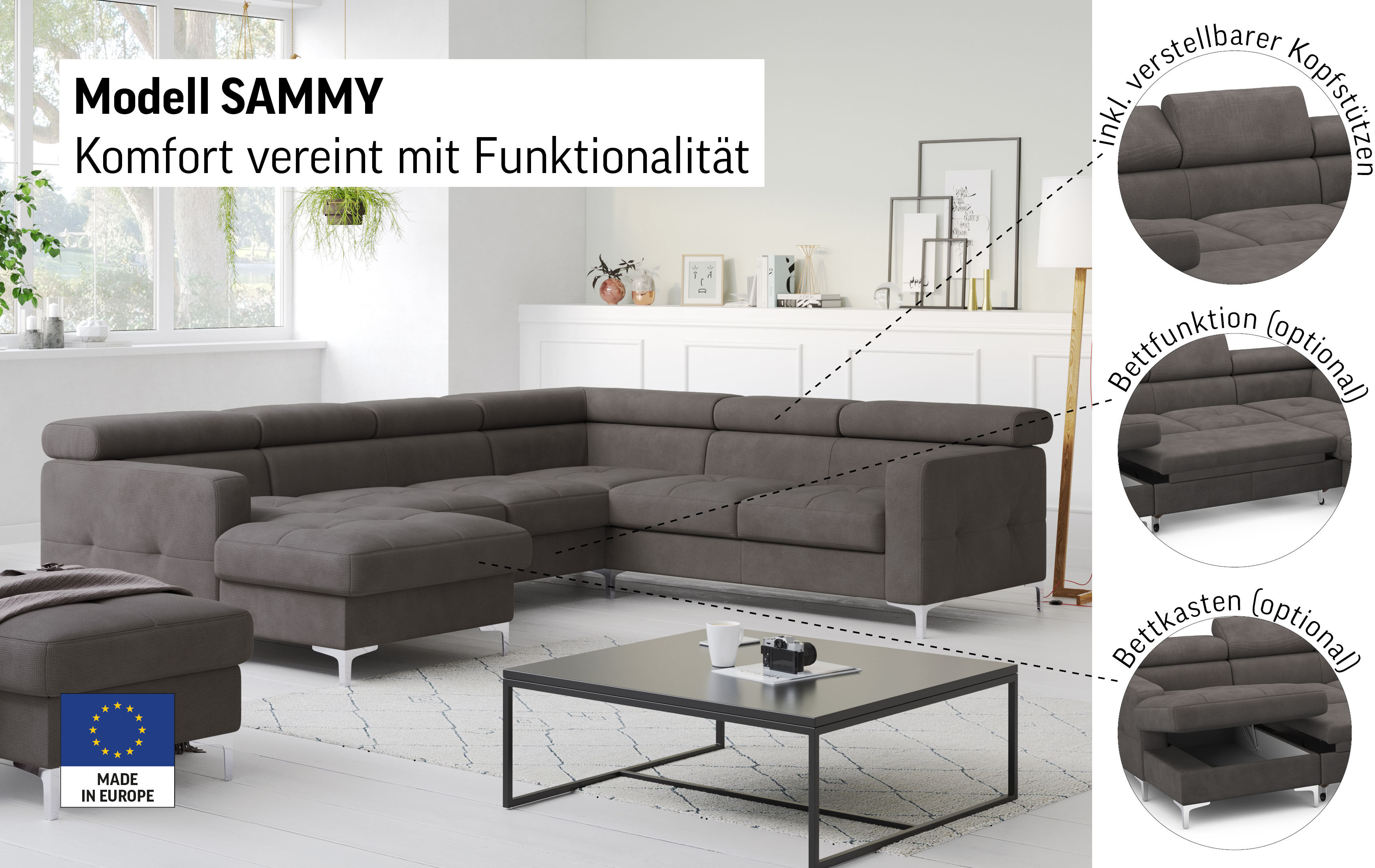 Wohnlandschaft COTTA "Sammy U-Form, B: 304 cm", schwarz, B:304cm H:74cm T:240cm, NaturLEDER, die Rückseite ist mit schwarzem und die Liegefläche der Bettfunktion ist mit beigem Spannstoff bezogen, Sofas, Wohnlandschaft, Kopfteilverstellung, optional Schla
