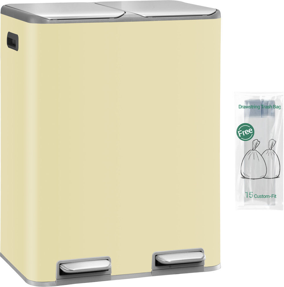 Hzuaneri Kitchen Bin, Recycling Bins, Pedal Bin with Lid, Stainless Steel Kitchen Bins Recycling and Waste, Silent Slow-Down Closing Lid, With 15 Exclusive Tra Sand Beige 60L