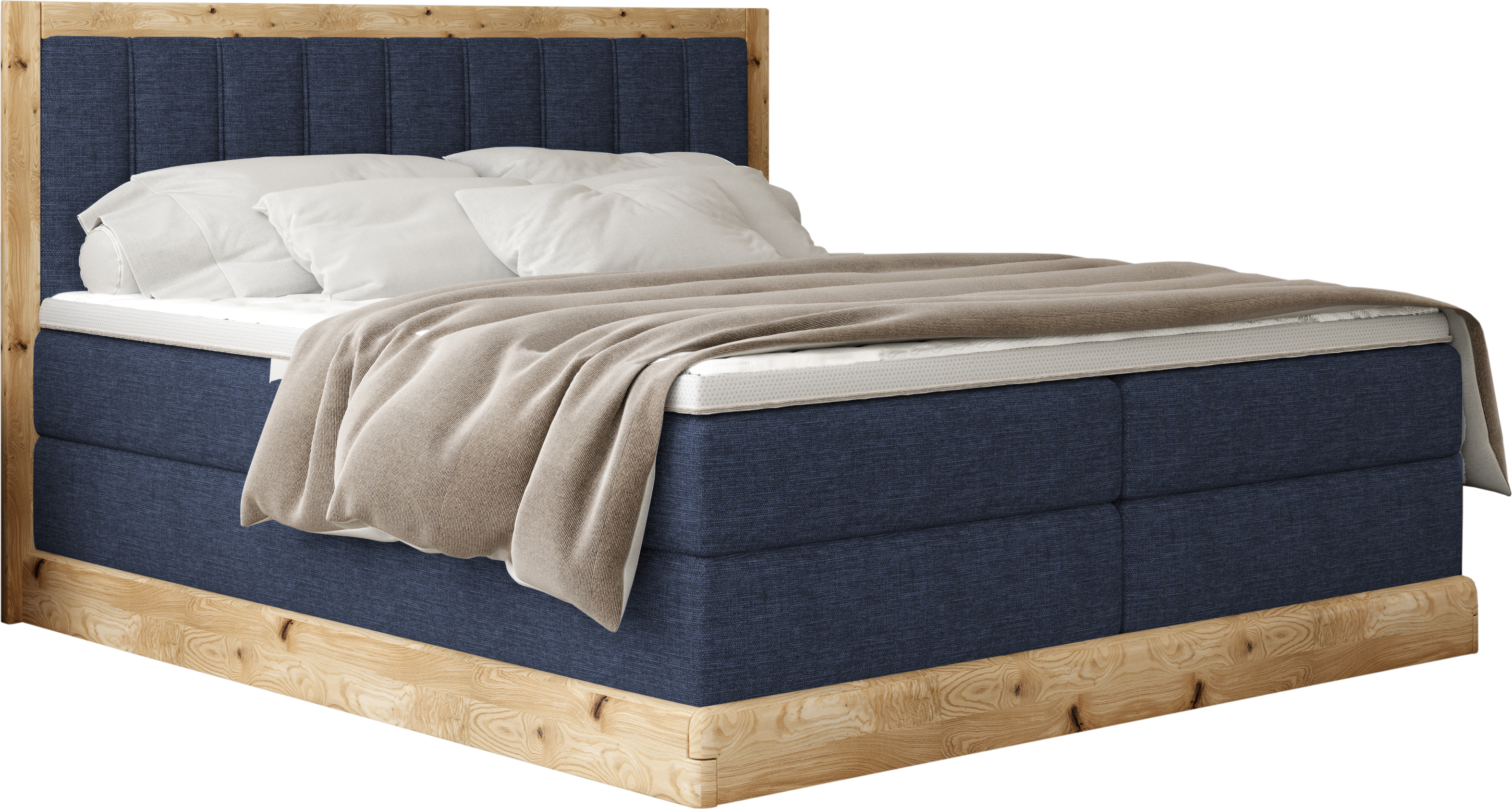 Schlafzimmer Bett ALMA Gepolstertes Kontinentalbett - Elegantes Design Mit Eichenholz, 65 cm Schlafhöhe Und Chromverzierungen - Komfort Für Ihr Schlafzimmer 180x200 cm Blau