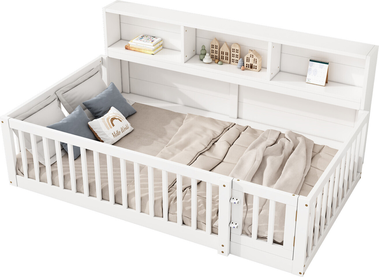 Daybett,Tagesbett,Schlafsofa,Bettseite mit Staufach, Kinderbett mit Lattenrost,Brüstung, Kiefernholz, Weiß