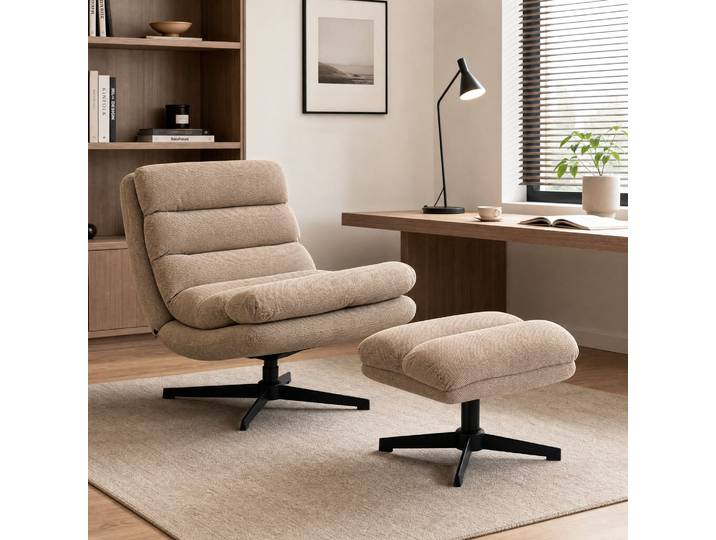 HOMCOM Fauteuil Salon Lin Marron Pivotant Repose-Pied Réglable