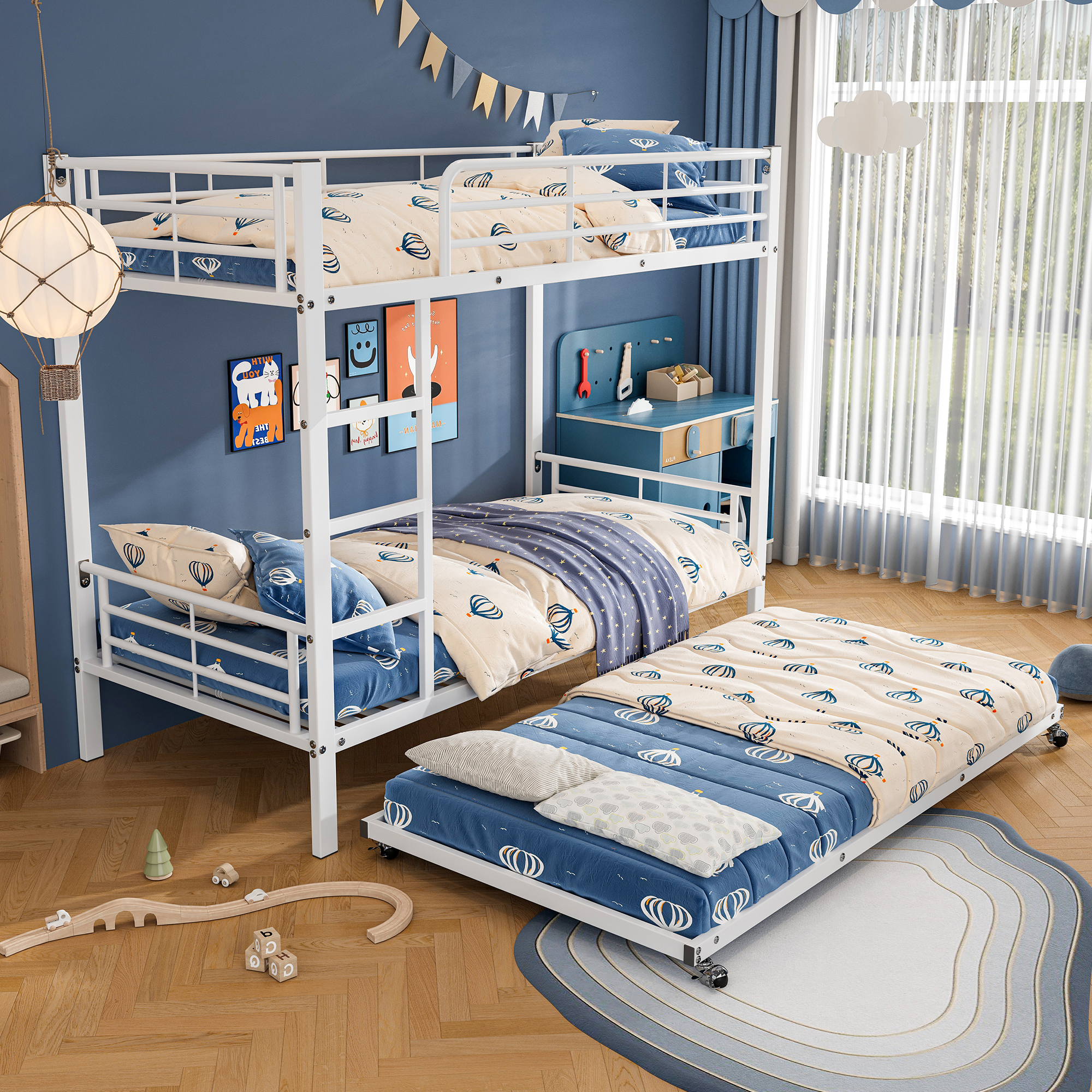 STILVORA Etagenbett 90x190/200 mit Ausziehbett,Jugendbett mit Seitenleiter,Eisenbett mit Fallschutzgitter,Weiß(mit Matratze)