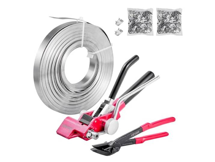 VEVOR Kit Cerclage Feuillard 60 m Kit Cerclage Palette avec Outil et Tendeur Robuste pour Emballage en Entrepôts\, Déménagement\, Stockage de Garage\, Transport de Marchandises\, 200 Scellés Métalliques
