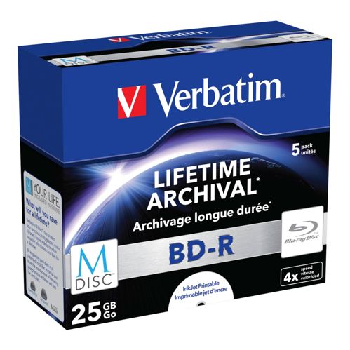 1x5 Verbatim M-Disc BD-R Blu-Ray 25GB 4x Speed, Jewel Case print.