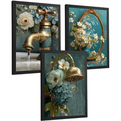 POSTER 3er-Set dekorative Badezimmer-Poster, elegante für Wand, Waschbecken, Dusche, mit Armatur, Spiegel und goldener Dusche Schwarzer Rahmen A3