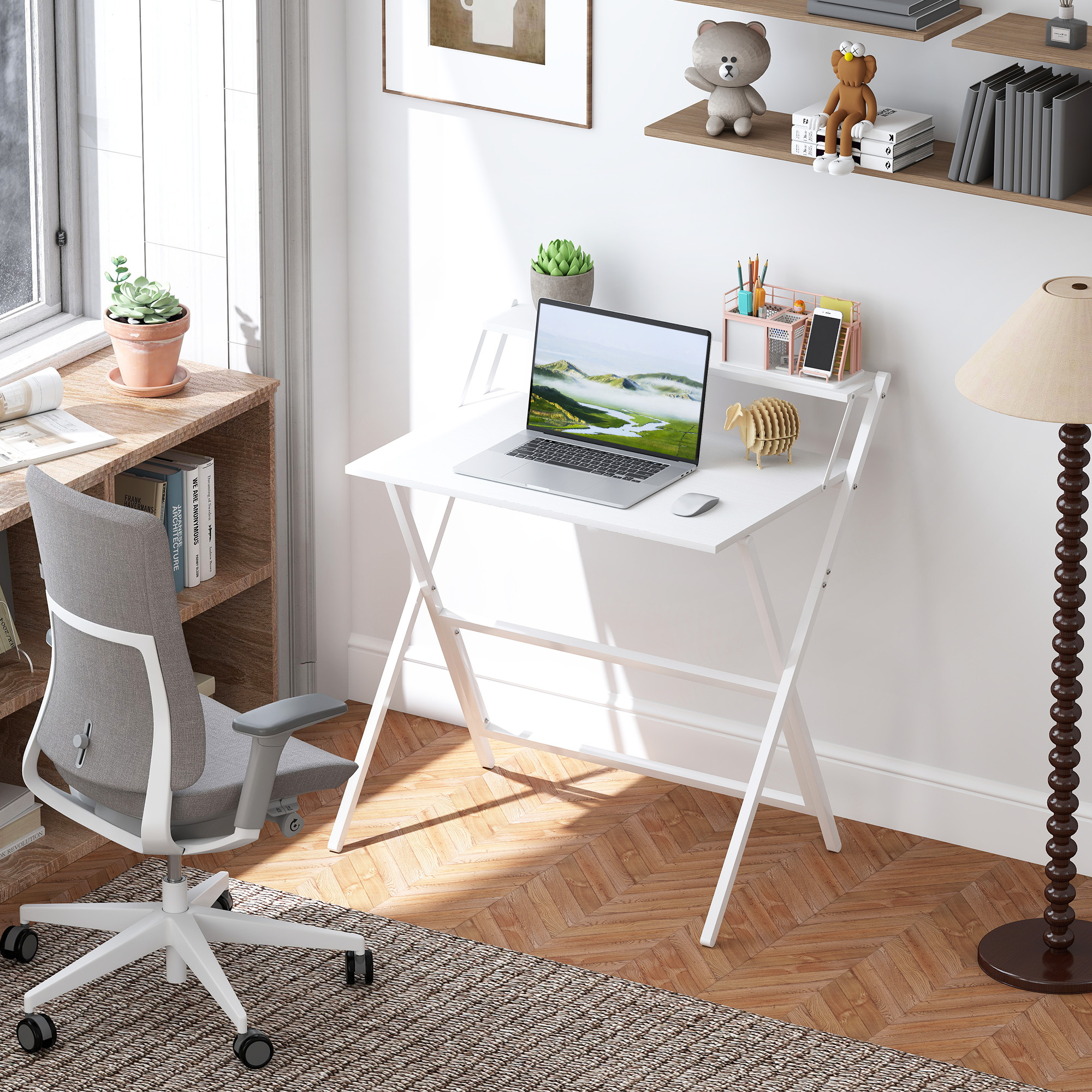 Homcom Scrivania Pieghevole con Ripiano per Monitor, 81.5x62x86.5 cm, Bianco   Aosom Italy