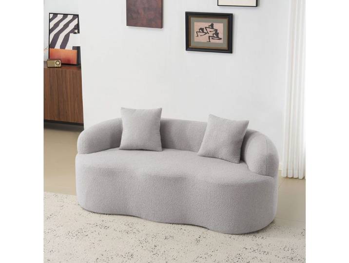 Canapé 2 places courbé gris clair tissu polyester 2 coussins canapé fixe livré monté