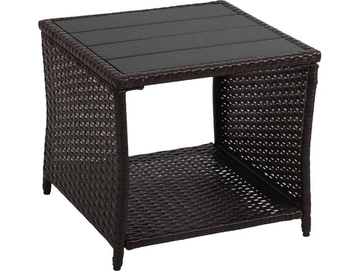 Relaxdays Balkontisch, HxBxT: 40 x 45 x 45 cm, wetterfest, Polyrattan, WPC, Stahl, eckiger Garten Beistelltisch, braun