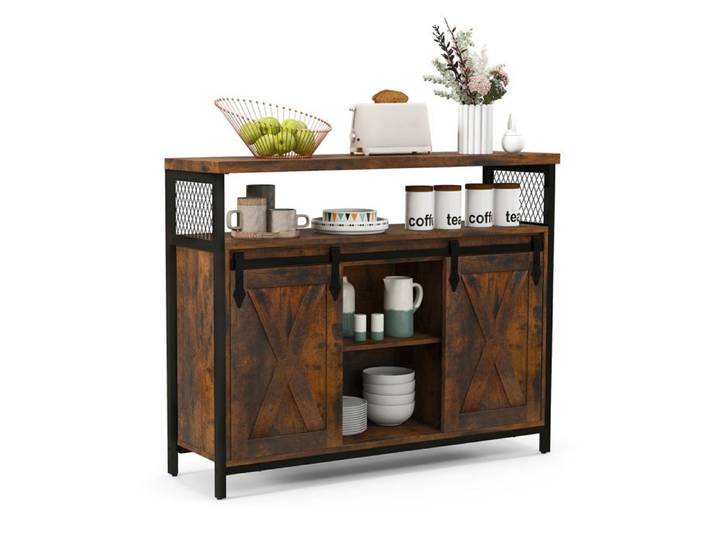 GIANTEX Buffet de Cuisine Style Industriel 2 Portes de Coulissantes Etagères Réglables 6 Compartiments 100x33x80cm Marron