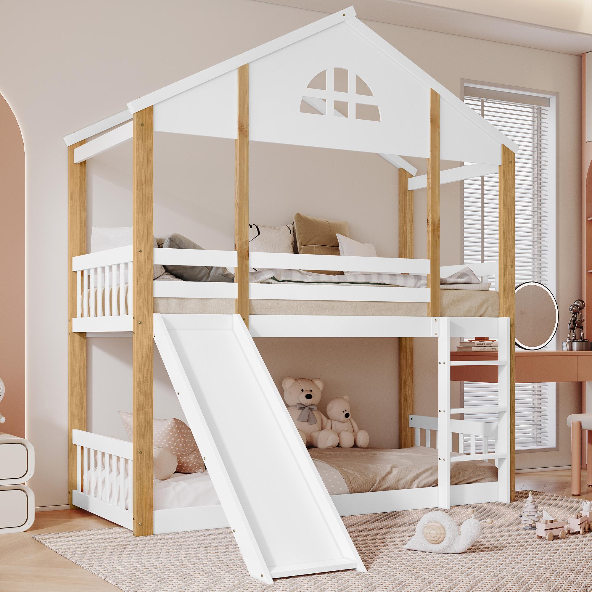 MODFU Lit Superposé 90x200 cm - Kinderzimmer-Etagenbett mit Rutsche und Eckleiter, Sicherheitsgitter - Ohne Matratze - Kiefernholz + MDF - Weiß