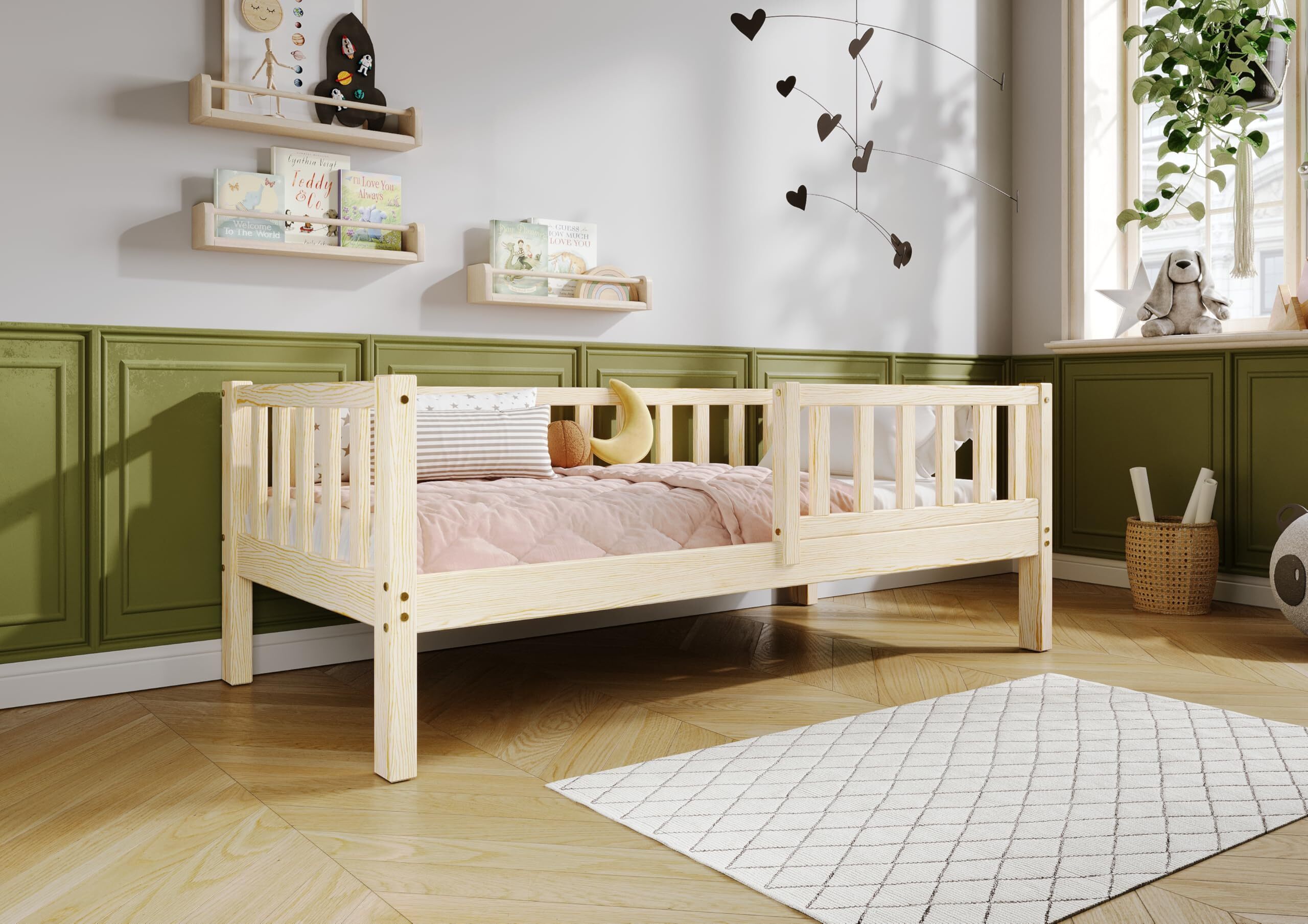 TIMBEE LENA Kinderbett Holz Kinderzimmer Bett - Unlackiert - 100x200cm - 23cm Beine