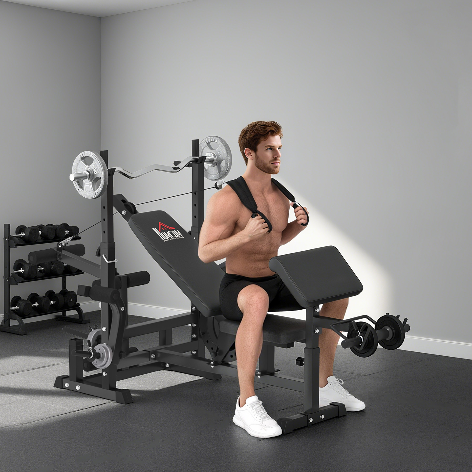 Homcom Panca da Palestra Regolabile con Supporto per Bilanciere, in Acciaio e PU, 210x110x103-123 cm, Nero   Aosom Italy