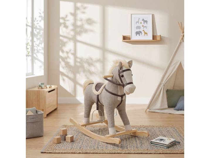 AIYAPLAY Cheval à Bascule Bébé Tissu Gris Effet Sonore Poignées