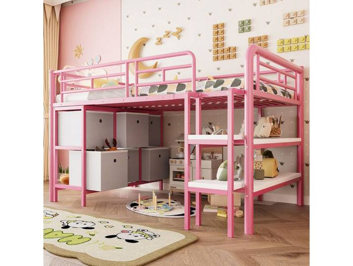 Lit mi-haut 207x105x107.5 cm Rose Métal avec rangements et large escalier