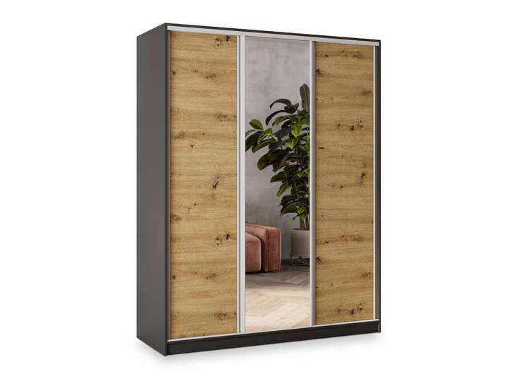 SCHWEBETÜRENSCHRANK SORE 160/205/58 cm 3-türig mit Spiegel und 4 Schubladen Schwarz