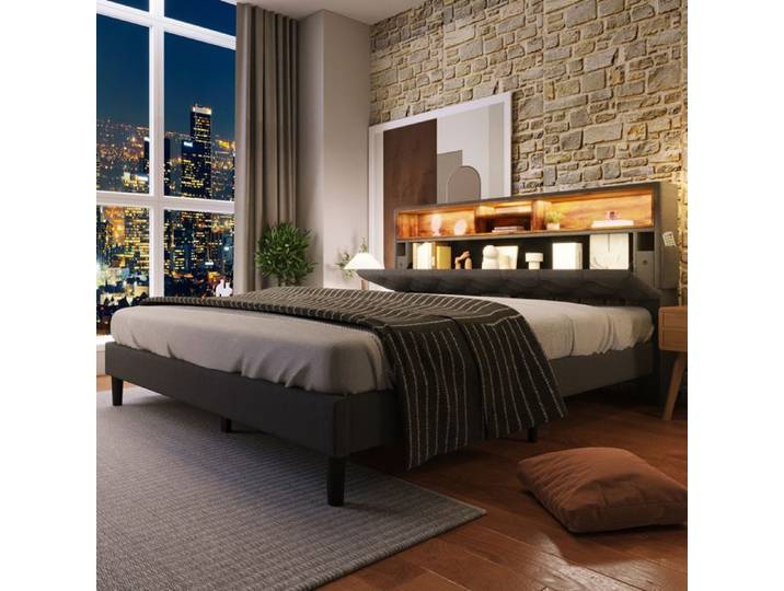 Plaque épaissieLit rembourré Lit double Tête de lit avec éclairage LED Cadre de lit Sommier à lattes en bois 140*200CM Gris(Sans m