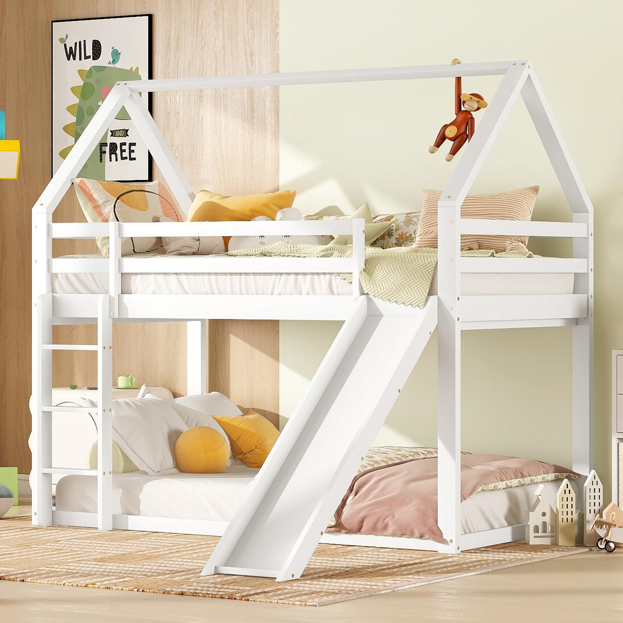 Merax Etagenbett 90x200 cm Kinderbett mit Rutsche und Leiter, 2 Einzelbetten Hochbett für Kinder, Kiefernholzbett, Weiß