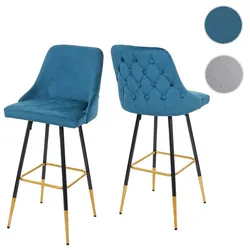 2er-Set Barhocker HWC-E70, Barstuhl Tresenhocker, Retro Design Samt goldene Streben/Füße ~ petrol-blau
