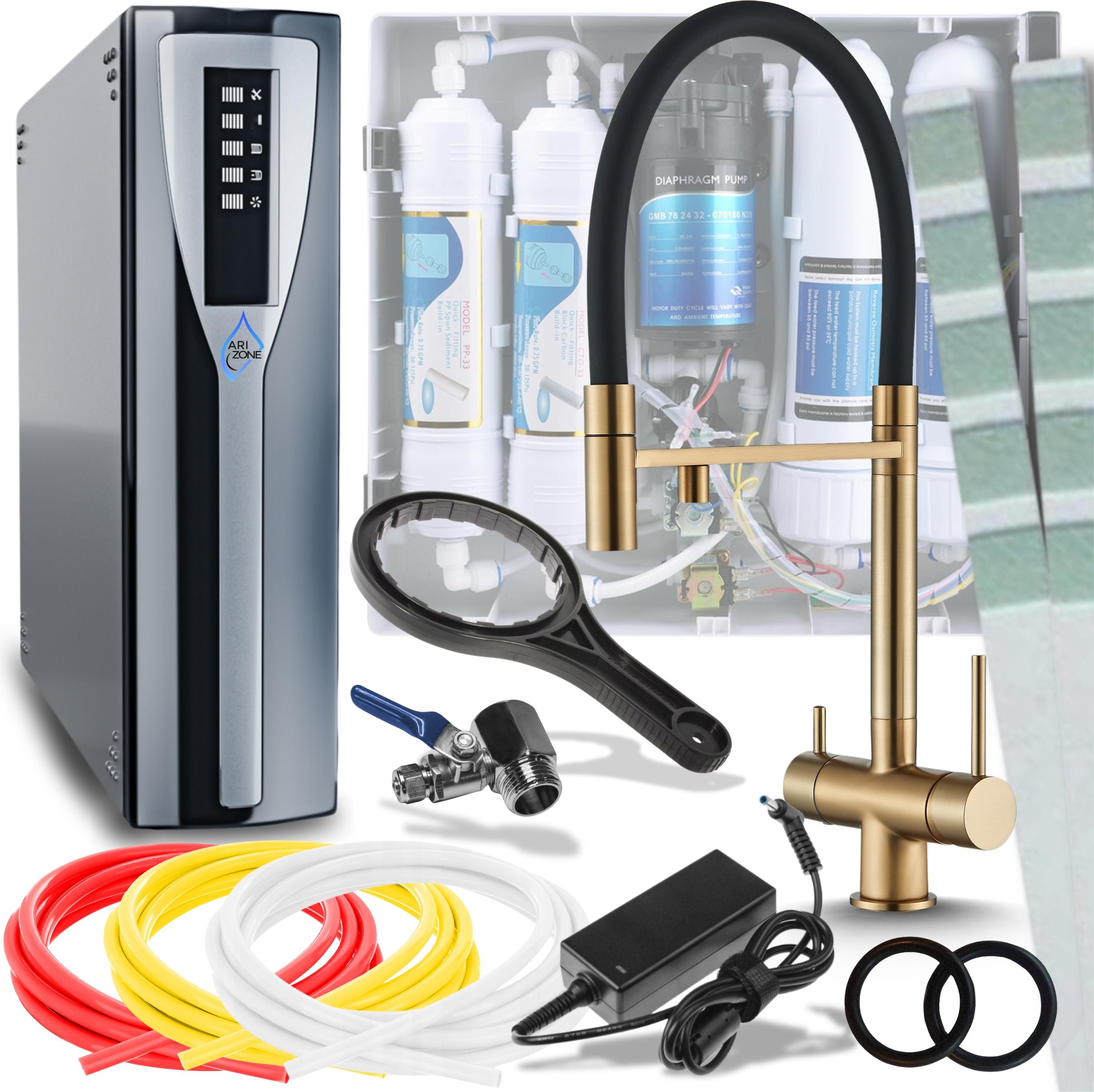 Ari HighFlex 3-Wege Küchenarmatur Gebürstetes Gold Ausziehbar 360° mit RO Pad Umkehrosmose Wasserfilter Untertisch Küche