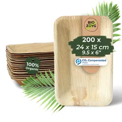 BIOZOYG 200 Stück Einweggeschirr 24x15cm, tief, Palmblatt-Teller rechteckig umweltfreundliche Einwegteller aus Palmenblättern, biologisch abbaubar