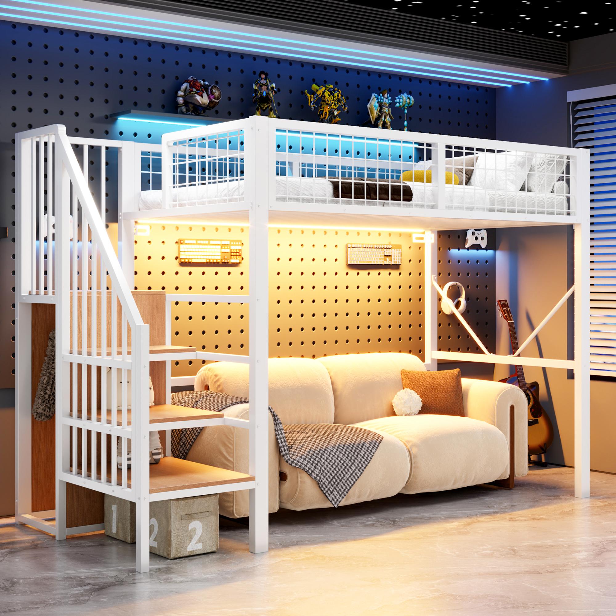 Merax Metall-Hochbett Etagenbett 90×200 cm mit Stauraumleiter, Kinderbett mit LED-Beleuchtung und Sicherheitsgitter, 144cm Freiraum, Holz, Weiß