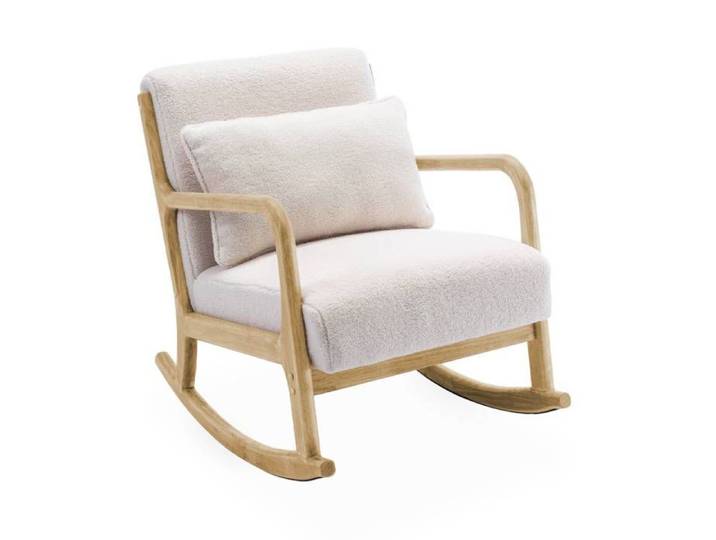 Fauteuil à bascule design en bois et tissu. bouclettes blanches. 1 place. rocking chair scandinave