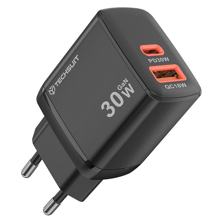 Techsuit - Wall Charger Duonix30W (CH1) - Type-C, USB, Dual Travel Charger 30W - Black (30 W, 2 Ports) (60630531)