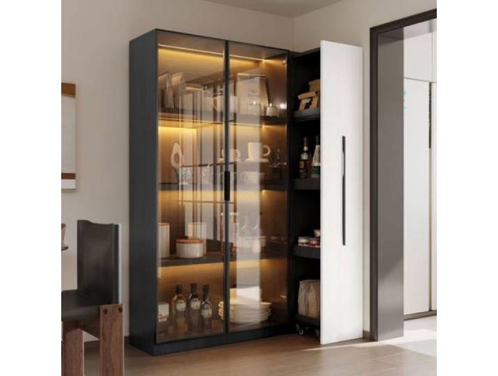Vitrine Salon - 110.5x35x160 cm - Double porte vitrée - Tiroir latéral charge 50kg - LED jaune chaud -Noir+Blanc blanc VITRINE