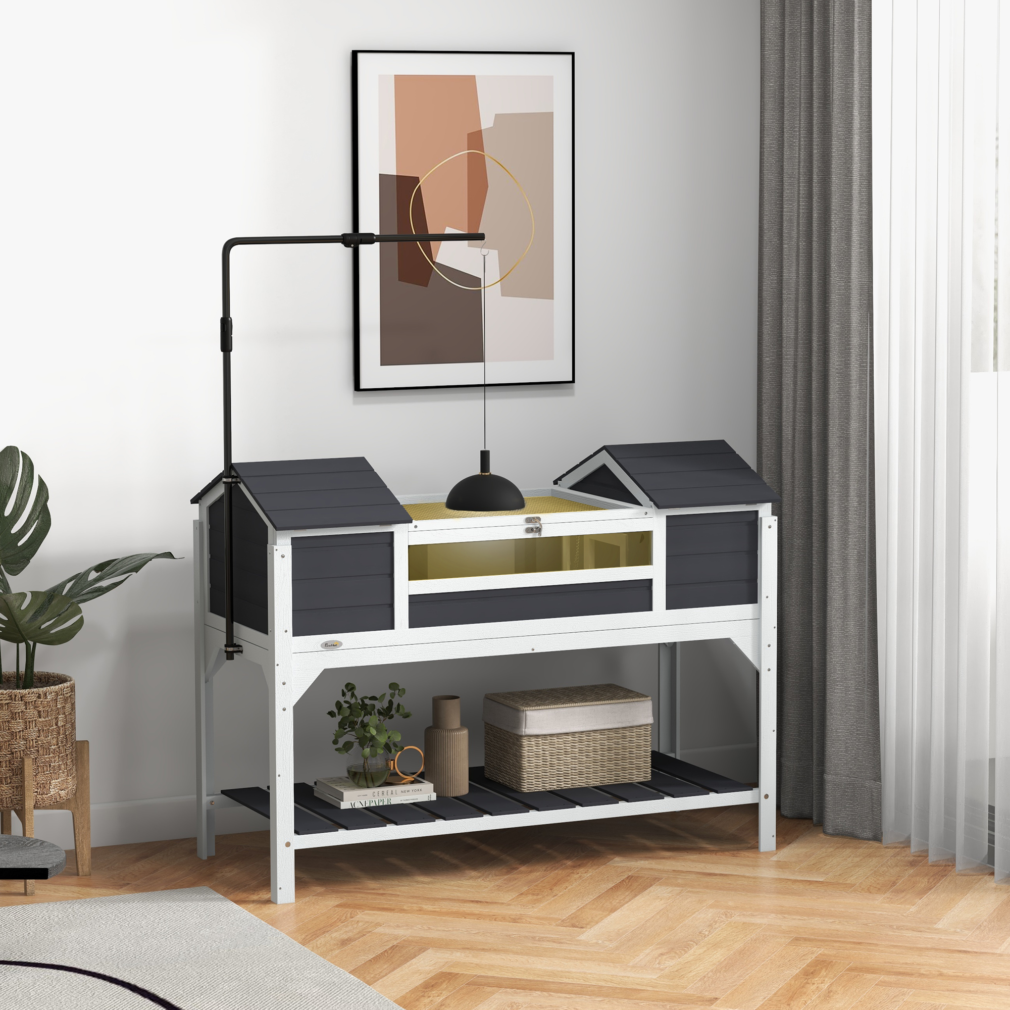 Pawhut Casa per tartarughe terrestri da esterno recinto tartarughe 2 tane supporto della lampada regolabile legno massello 122 x 56,5 x 93 cm grigio