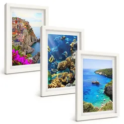 BILDER SET 3er Set - 20x30 cm Weißer Rahmen - Meerblick, farbenfrohe Häuser