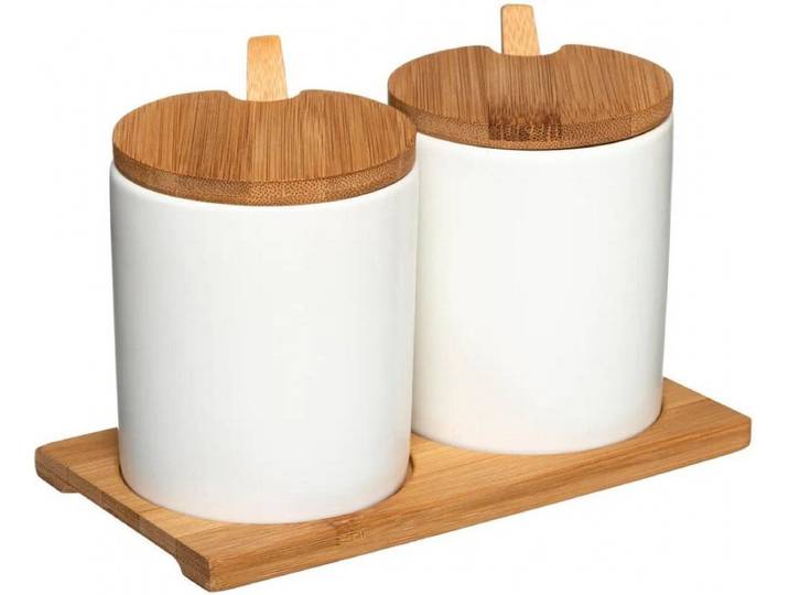 Kruidenpotjes met lepel - met Bamboe deksel en onderstel