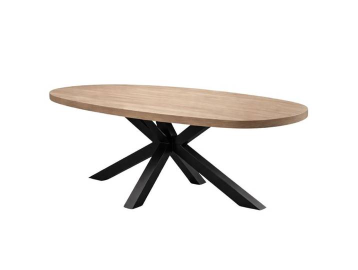 Table repas 200cm plateau ovale aspect bois finition Houston Oak pied métal étoile - HOUSTON