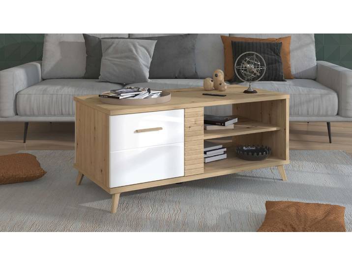 Couchtisch, Artisan Eiche & Opaque Weiß, 120×60 cm, Rechteckig, Mit Stauraum, Klassisch-Modern, Inosign