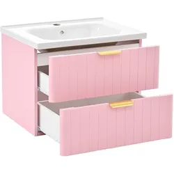 OKWISH Hängender Waschtisch 47x60x47 Einzelbecken Waschschrank MDF Keramik Badmöbel Modern Rosa Weiß 2 Ablagen Stauraum Schublade Pflegeleicht