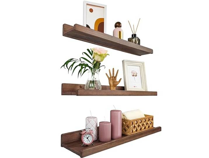 Wood Wedge Wandregal 60cm, Regal Wand Holz 3er-Set, Hängeregal Wandhalterung Regalbrett, Modern Schweberegal, Schmales Bilderleiste für Badezimmer, Wohnzimmer, Küche, Schlafzimmer (Nussbaum)