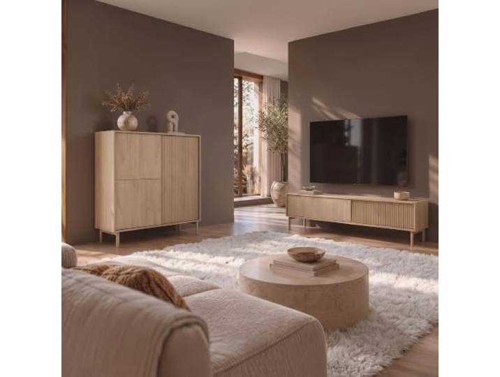 Lomadox Wohnzimmer-Set in Heller Cremona Eiche, Highboard & Lowboard, Rillen-Design
