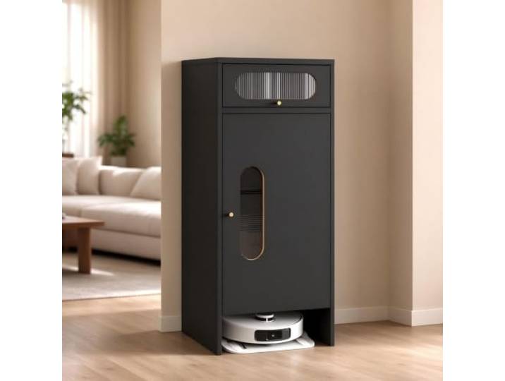 Aufbewahrungsschrank aus Holz für Saugroboter, mit Tür und Schublade Saugroboter Schrank, Aufbewahrungsmöbel für Saugroboter, Beistelltisch für Wohn- Oder Schlafzimmer(Black)