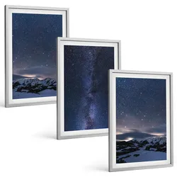 BILDER SET 3er Set - 40x60 cm Silberner Rahmen - Nachthimmel, Berge, Sterne