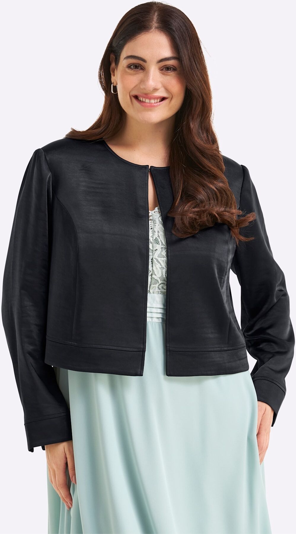 Boleroblazer SHEEGO "Boleroblazer", Damen, Gr. 44, schwarz (tiefblau), 100% Polyester, Blazer Boleroblazer tiefblau 44