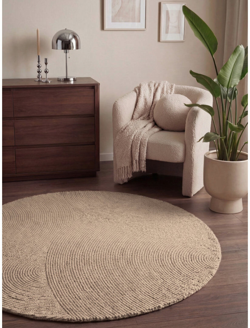 Calmio - Rug by Hanse Home - Natural Living Room Rug, Hand-Tufted Hygge, Scandinavian Living Room, Bedroom, Dining Room, Hallway Beige Round 150 cm