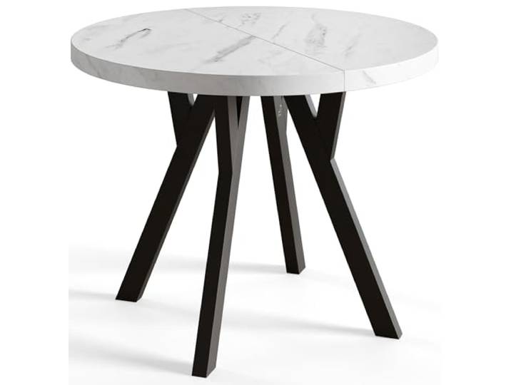 AlpiMeble Esstisch Ausziehbar OVO, 90-190cm, Stabile Beine, Marmur Runder Tisch, Moderner Design, Wohnzimmertisch und Küchentisch, Stabile Konstruktion, Schwarze Beine