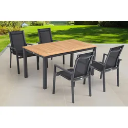 OUTFLEXX Garten-Essgruppe, OUTFLEXX® anthrazit matt, Alu / Teak / Textil, Ausziehtisch 150/210x90cm, 4 Stapelsessel