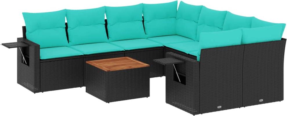 vidaXL 9-teiliges Gartensofa-Set mit Kissen, schwarzes Polyrattan