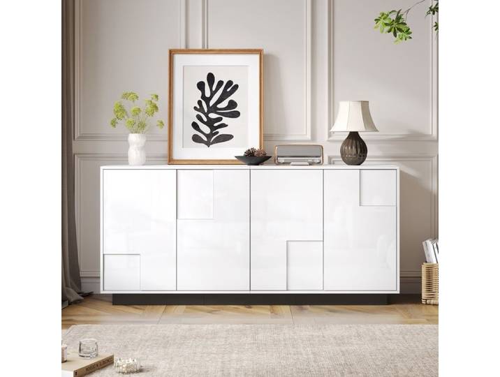 Buffet 160x37x75 5cm 4 portes Armoire brillante commode de rangement meuble de salle à manger meuble de rangement blanc